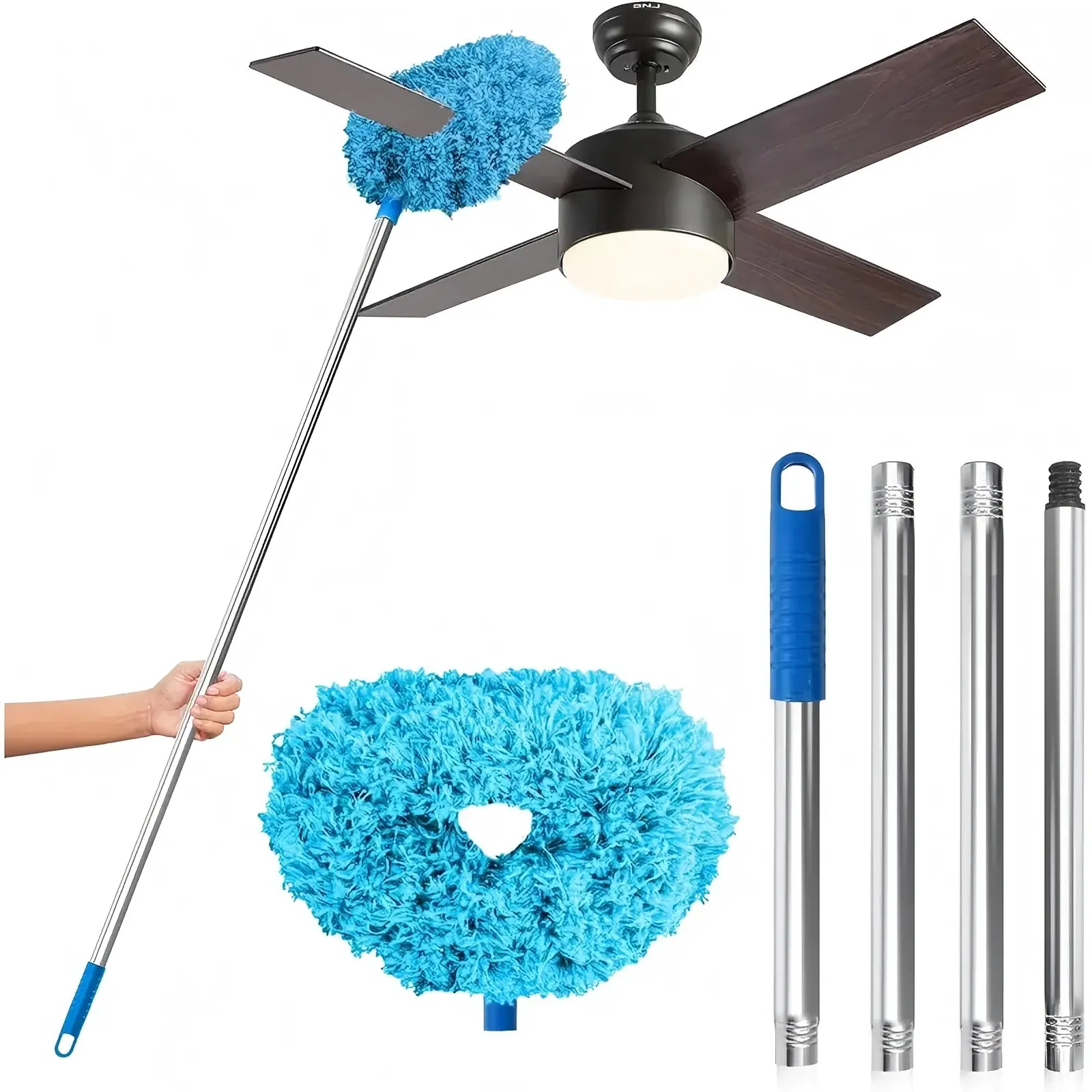 Microfiber Ceiling Fan Duster with Quick-Change Dusting Head, Washable Removable Reusable Cleaning Tool for High Ceilings （Green/blue/grayorange）