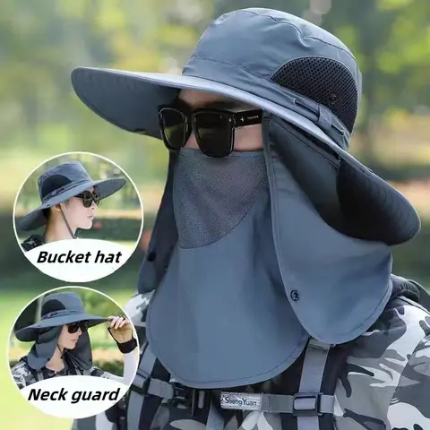 Men's New Summer Wide Brim Adjustable Multifunctional Outdoor Dad Hat - Detachable Face-Cover (Mask On/Off), Breathable Windproof, Beach Sun Hat for Hiking, Fishing, Sunscreen Protection