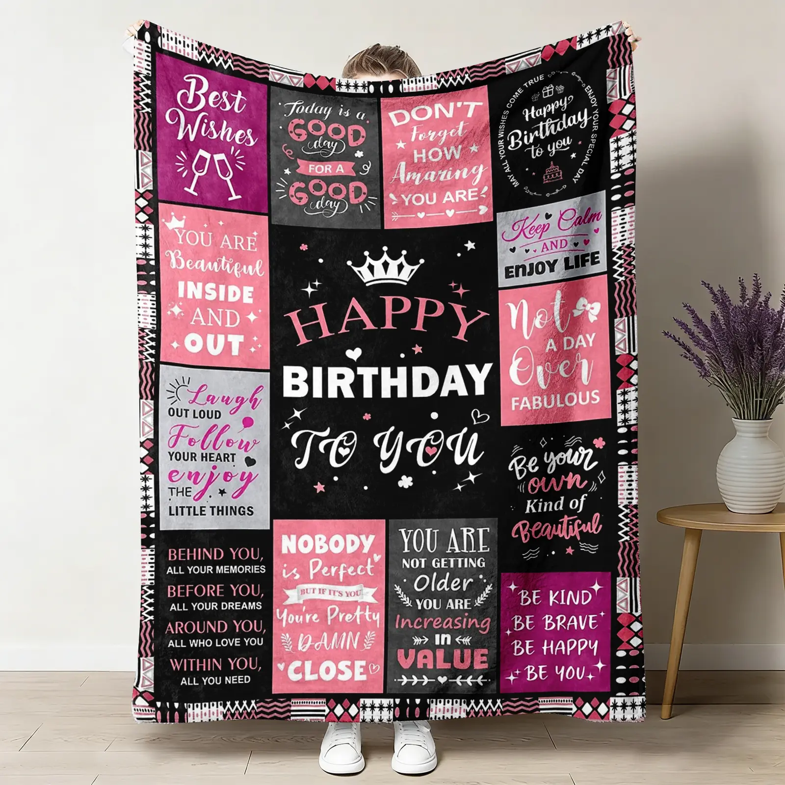 Princess Inspired Pink Bedding Throw Blanket - Large Blanket Throws, Pink Black Crown Flannel, Soft Cozy Warm, "Don't Forget How Amazing You Are" Design, Birthday Gift for Her, Bedroom Couch Decor, Princess Inspired Throws holiday