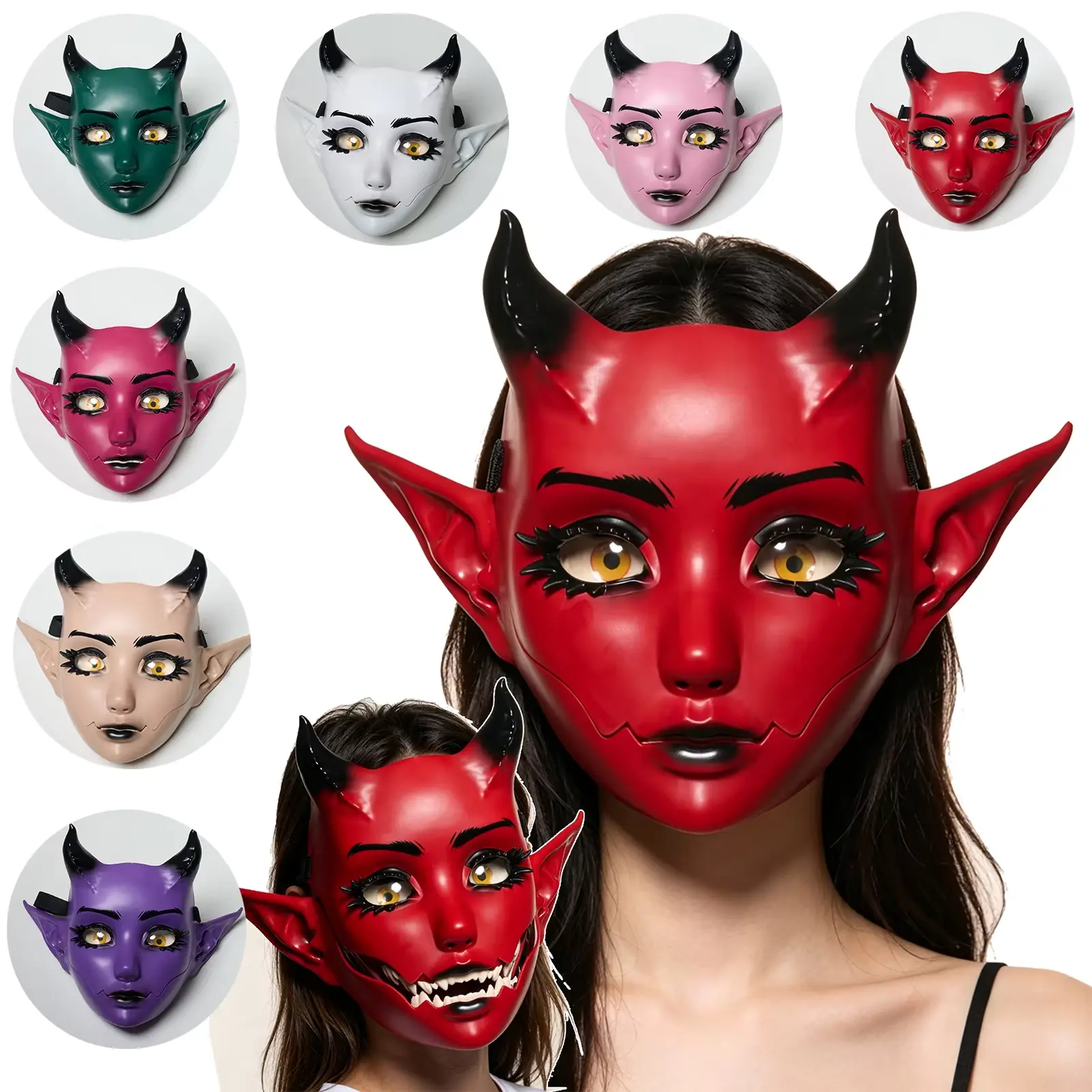 3D Movable Mouth Fantasy Demon Style Full Face Mask, Horned Elf Mask for Halloween Rave Cosplay Multiple Colors