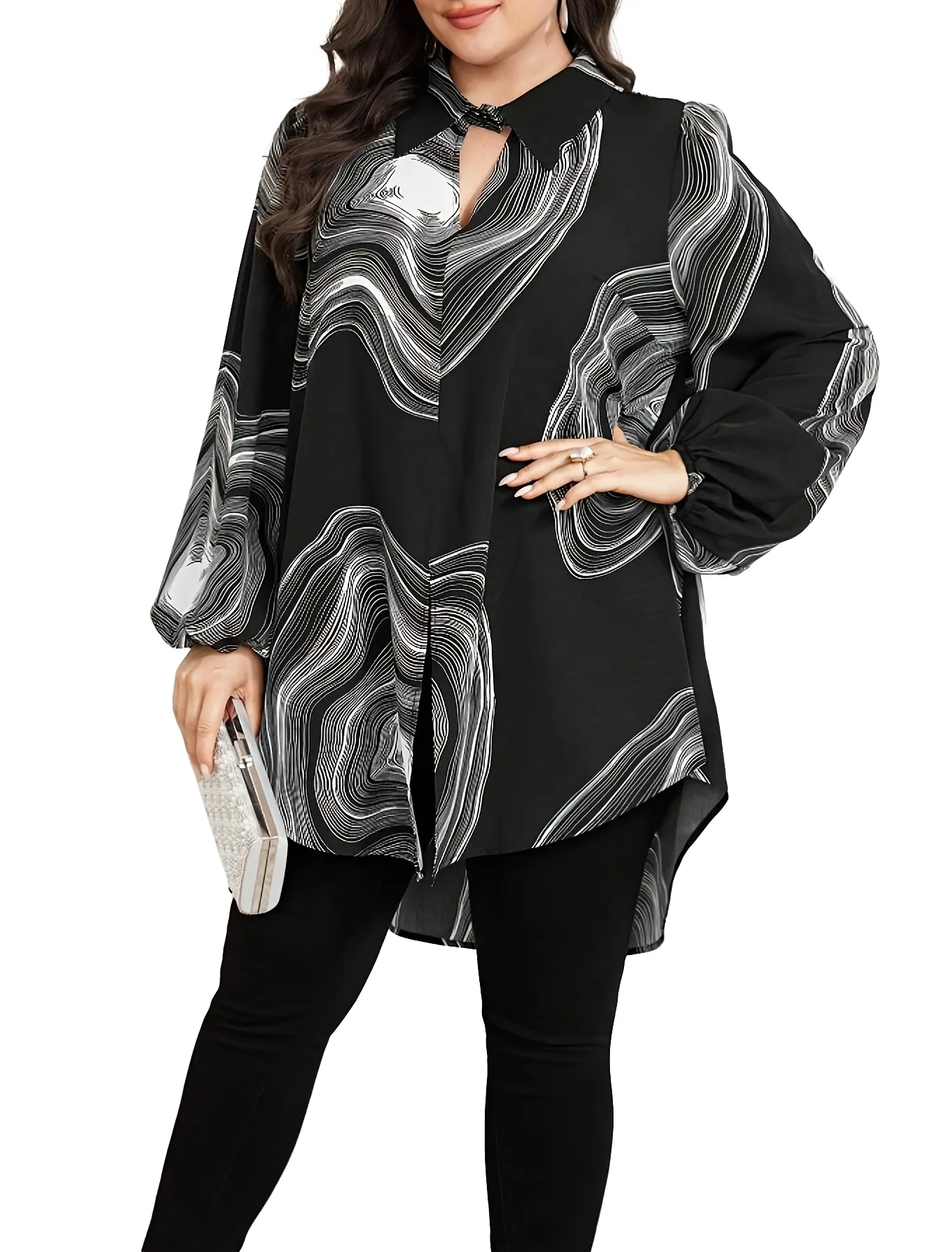 Women's Plus Size Spring Summer New Turn-Down Collar Long Sleeve Loose Fit Printed Shirt Blouse, Womenswear Casual Round Hem Top for Women Casual Blouse Shirts