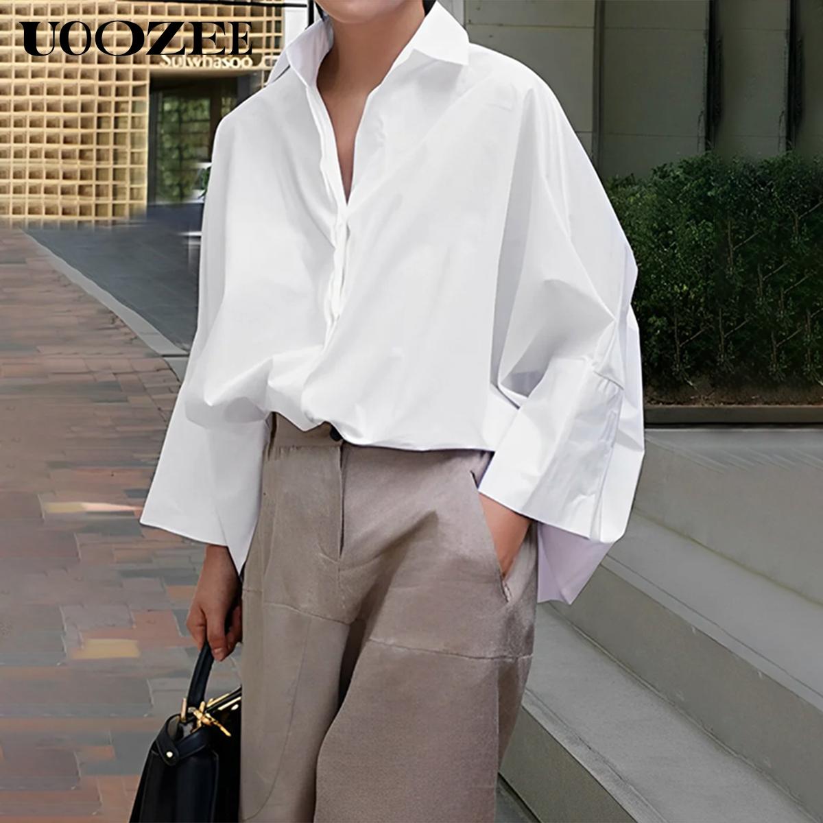 UOOZEE Women's Loose Oversized Collared Lapel Blouse - Polyester Fabric, Basic Style, Comfortable Longsleeve Lady Top for Commuting, Office, Fall Occasions,summervibes