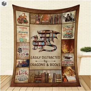 Dragon Book Lover's Flannel Throw - Library Themed Blanket Soft Funny Throw Blanket Cozy Lightweight Plush Portable Cover Blanket For Sofa,Warm Gift For Birthday,Christmas,Multiple Blanket