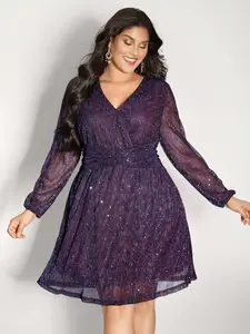 BLOOMCHIC Women's Longsleeves Shimmery Pleated-Waist Pocket Knee-Length Bohemian Casual Dress - V-Shaped Clothes for Party, Casual Wear Boho Sundresses