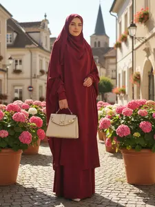 Women's Long Robe Dress Abaya Hijab Set, Spring New Arrival Plain Color Princess Sleeve Loose Fit Muslim Clothing, Casual Fashionable Muammar Garment
