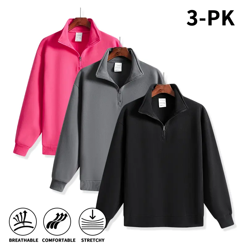 3 Pack Men Quarter Zip Sweatshirts Solid Color Stand Collar Oversized Soft Fleece Pullover Breathable Stretchy Athletic Workout Half Zip Top Fall Winter Daily Casual Streetwear Sweatshirt