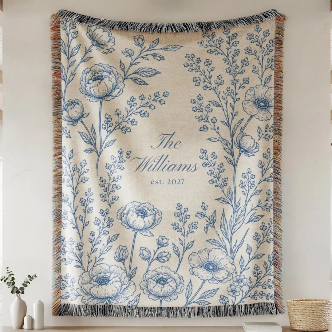 Personalized Woven Blanket, Cotton Anniversary Gift For Couple, Custom Wedding Family Name Blanket, Engagement Or Bridal Shower Gift