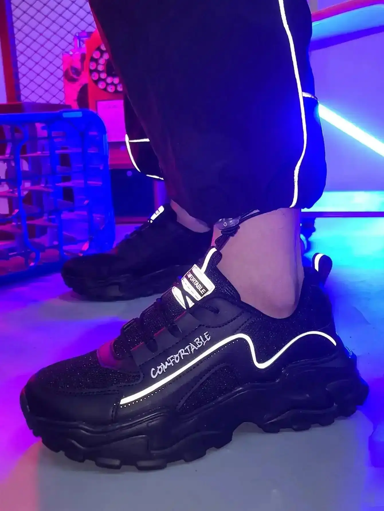 Men's Black Reflective Safety Sneakers Night Run Visibility with Elastic Fit for Urban Street Style Year-Round Shoes Men Training Chic Stylish Cute Versatile Fashion Durable Feminine Everyday Pair daily reliable trendy