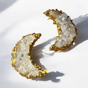 Rue and Dagger Crescent Moon Druzy Earrings Large Unisex Gold Stainless Steel & Clay Handmade Gemstone Jewelry