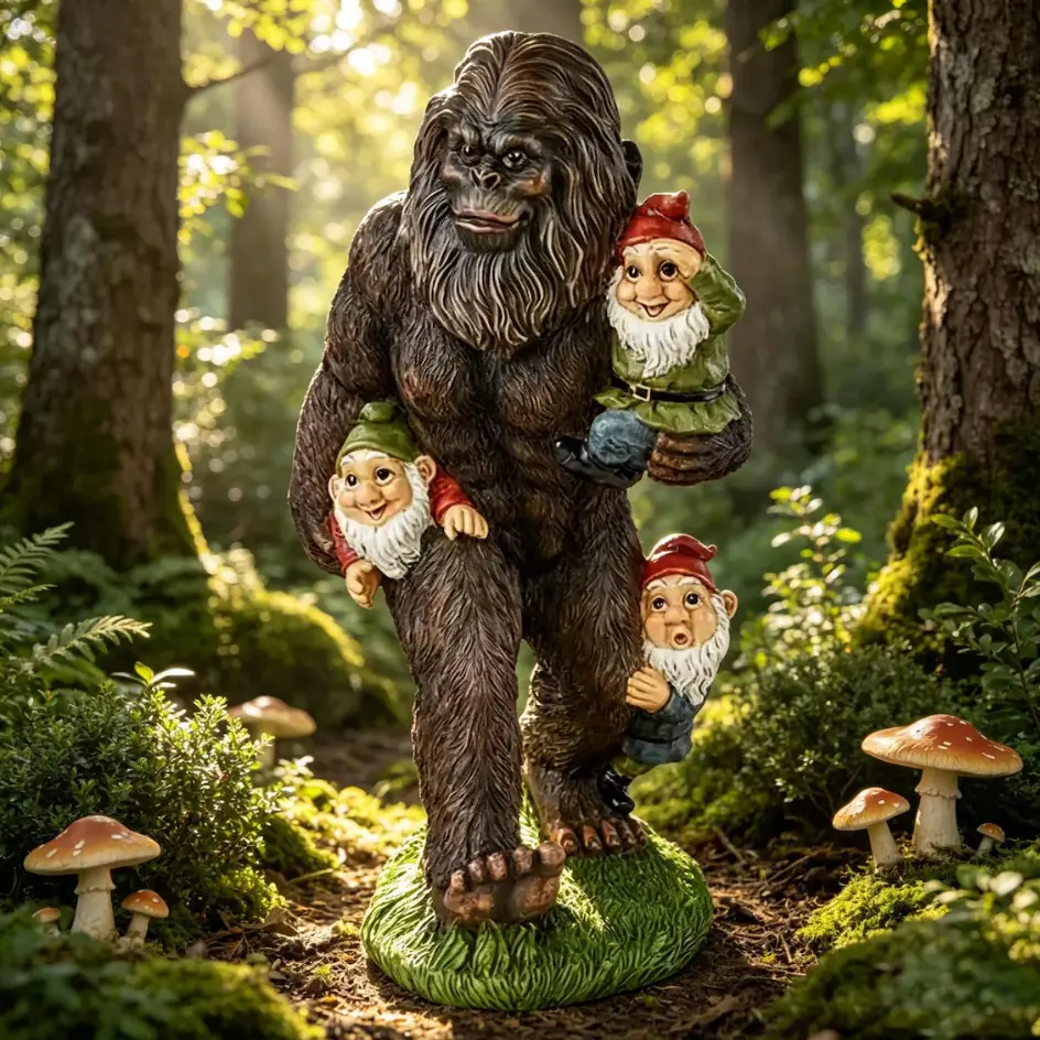 Bigfoot & Funny Gnome Resin Garden Statue, Weather-Resistant Outdoor Yd Sculpture, Whimsical Woodland Ornament for Lawn-Patio Backyard, Unique Gift for Bigfoot Gnome Enthusiasts