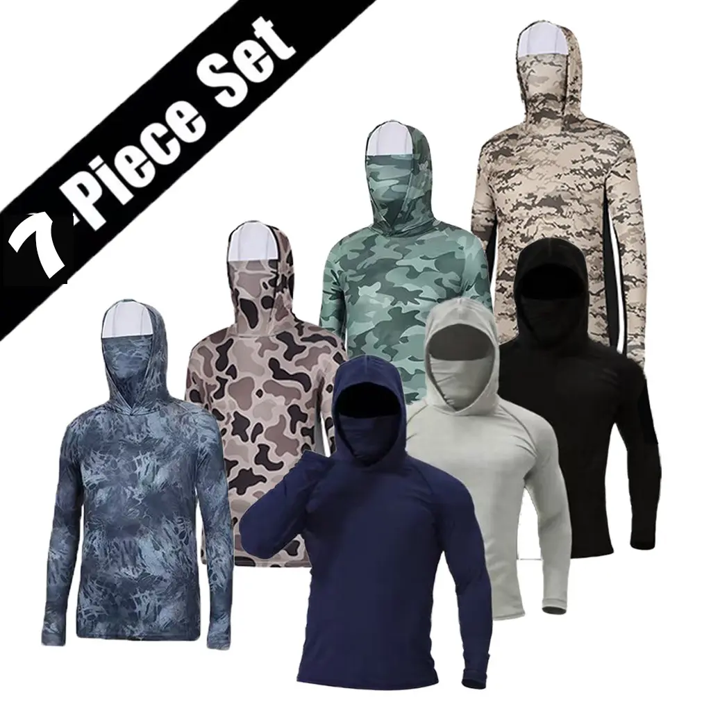 7pcs Men's 2026 Quick-Dry Long-Sleeve Hoodie Casual Hoodie, Fitted-Cut Breathable Workout Tops with Face Mask, Sun-Protective Activewear for Fishing, Outdoor Sports, Longsleeves Hoodie Sweatshirts Sweatshirts