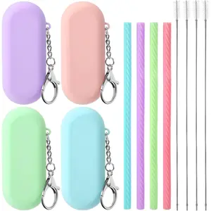 4 Sets Cruise Ship Essentials,4 Set  Straws with Case   Portable Drinking Straw Set for Party Travel Cold or Hot with 4 Carry Case, 4 Cleaning Brushes (Classic Color)