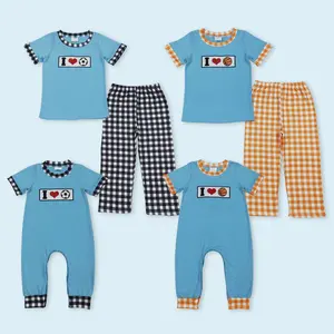 I love soccer embroidery top plaid pants boys clothes