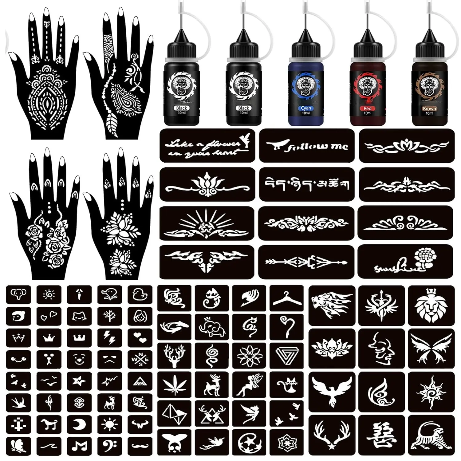 Henna Tattoo Kit, 2-Week Water-Resistant Ink with 5 Cones & 96 Custom Stencils for Body Art, Parties, Concerts, and Daily Wear, Hand, Unique, Endless Diy Fun, Diy Users, Temporary Art, Temporary Tattoos, Temporary Kits