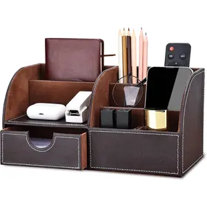 Pu Leather Desk Organizer Pen Pencil Holder Office Supplies  Storage Box 6 Compartments with Drawer Brown