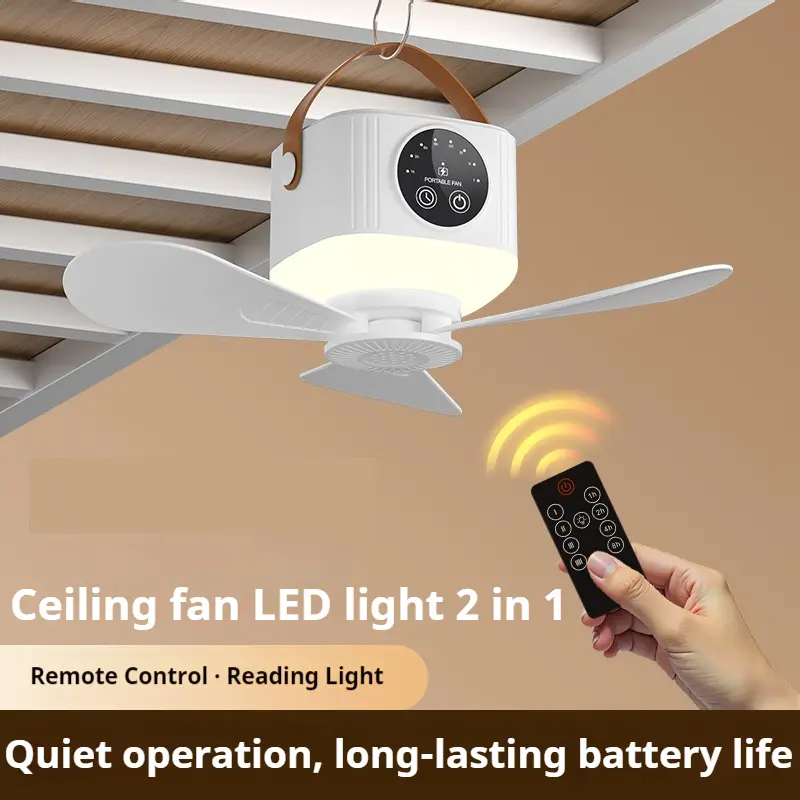 Portable USB Rechargeable Ceiling Fan with Light, Cordless Camping Fan with Hanging Strap & Timer, 3 Foldable Blades Mini Tent Fan for Outdoor Travel, Bedroom, Dorm