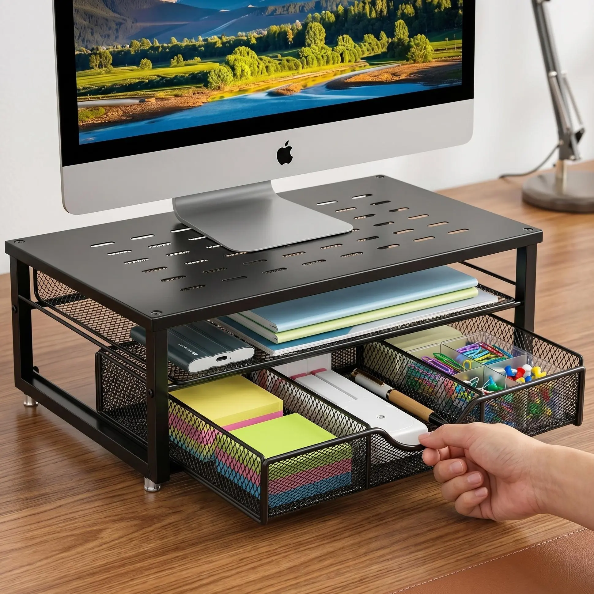 Modern Multi-Grid Hollow Efficient Heat Dissipation Monitor Stand - Breathable Perforated, Built-In Cooling, Cooling Ergonomic Office Furniture Holder, Layered Desktop Organizer Riser, Laptop Storage Shelf