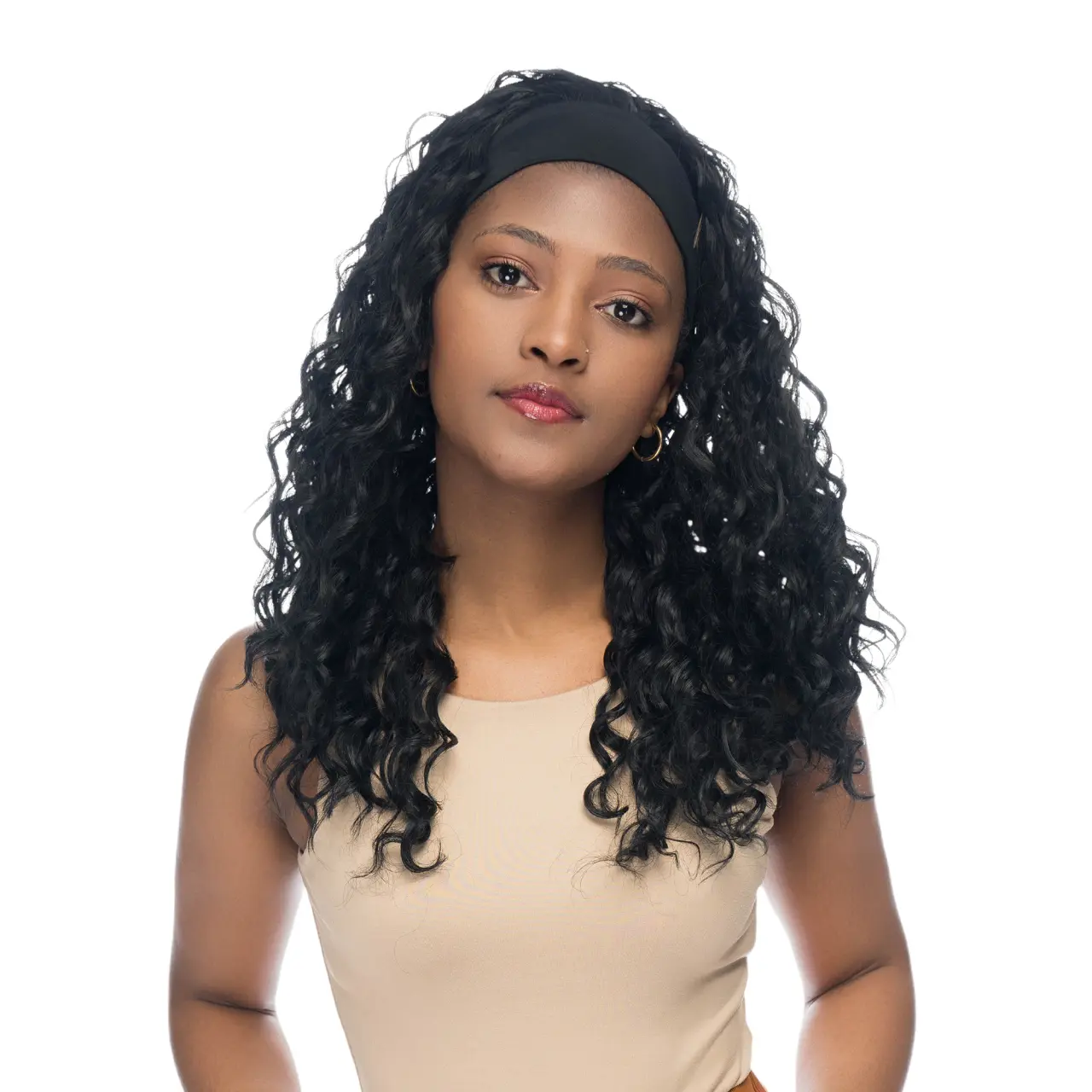 18-Inch Solid Black (Black Headband) Medium Tight Curls Headband Synthetic Wig | 【Heat Resistant】【Cap Included】 | #35 @28 51FSGA