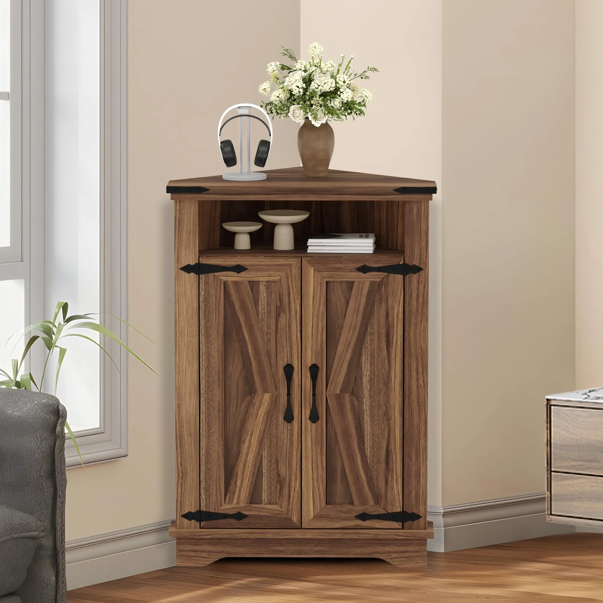 Garvee Brown Corner Bathroom Cabinet - Small Floor-Mount Farmhouse Cabinet with Barn Doors, Adjustable Shelf, Storage Table for Small Spaces, Kitchen