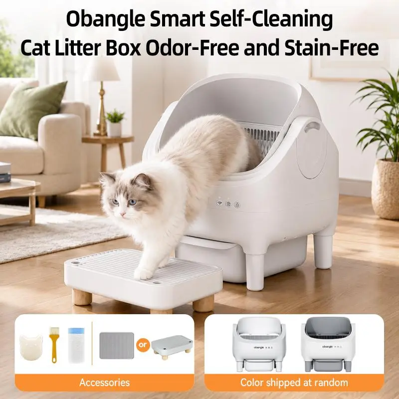 Obangle Extra-Large Open-Top Universal Size Automatic Litter Box - Smart, Auto Clean, App Control, Odor Removal, Safety Protections, 2-Color Options, Waste Sift, Cleaning Kit Included, For Busy Professionals