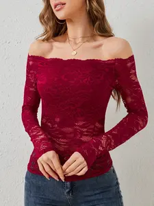 Sexy Lace Patchwork One Shoulder Top, Full Lace Cut, Show Shoulders and Neck, Slim Fit, Long Sleeve, Elegance, Elegant, Chic, Essential for Dating, Daily Wear, Commuting