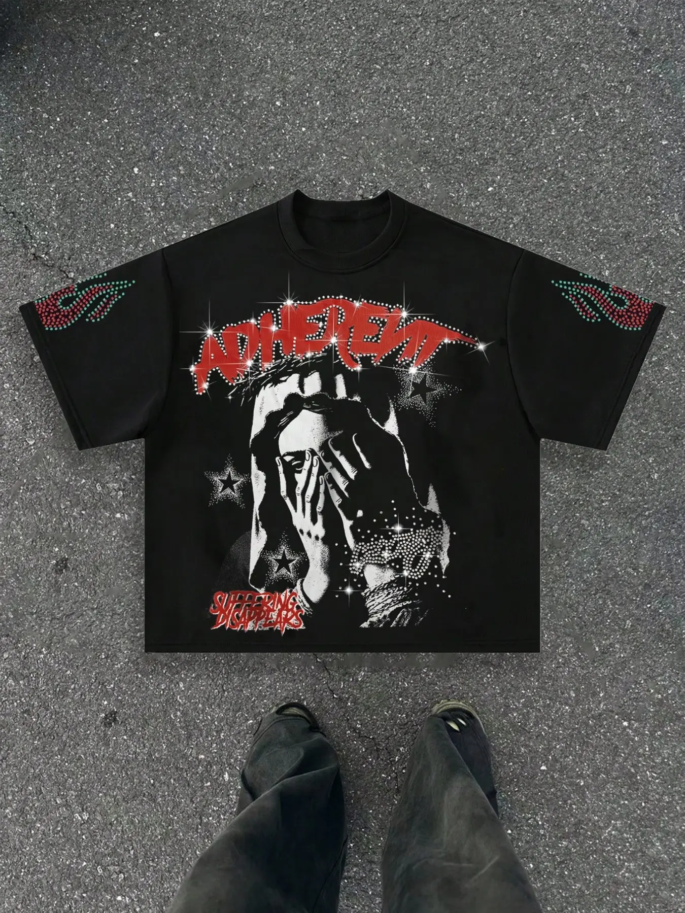 Unisex Adherent Rhinestone Loose T-Shirt, Fashion, Religious Figure Graphic Print, Rhinestone Letters, Soft Fabric, Gothic Hip-Hop Streetwear Style