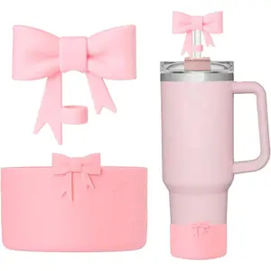 Bow Silicone Protective Stanley Boot for 20/30/40Oz, Bow Straw Cover Topper for Stanley Cup 10mm/0.4in, 2 Pack Stanley Cup Accessories Compatible 12-24Oz for Hydroflask Boot and More (Pink Set) Bottle Drinkware