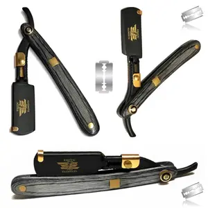 Barber Shop Straight Edge Razor Black and Gold Wooden Vintage Style Professional Hair Cutting and Shaving Razor Knife