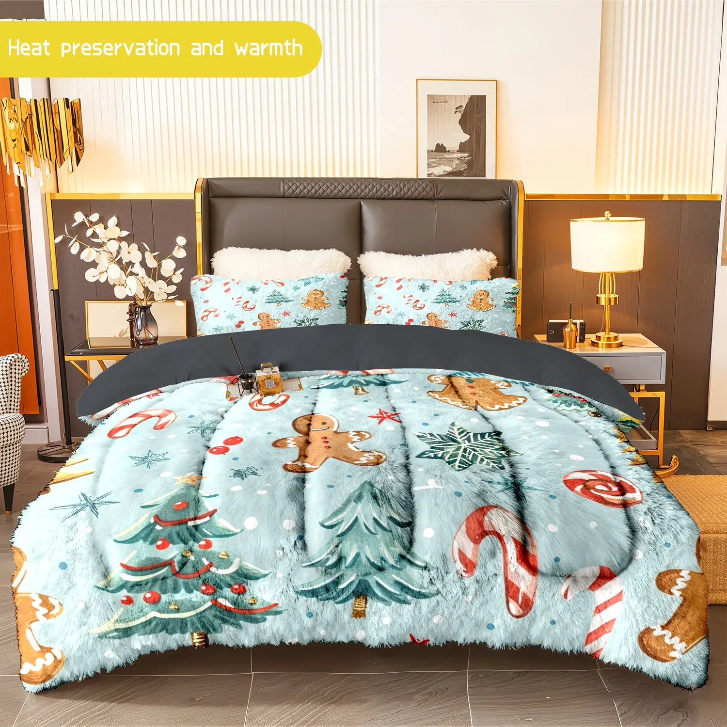3pcs (1 comforter + 2 pillowcases) Christmas - themed Flannel & Milk Velvet Comforter Set, Soft Warm Cozy Bedding Essentials, Trendy Winter Bedding for Adults