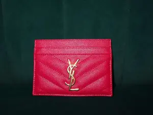 Pre-owned YSL Leather Small Leather Goods Saint Laurent Grain De Poudre Matelasse Chevron Monogram Credit Card Case Fresh Fuxia Small Goods