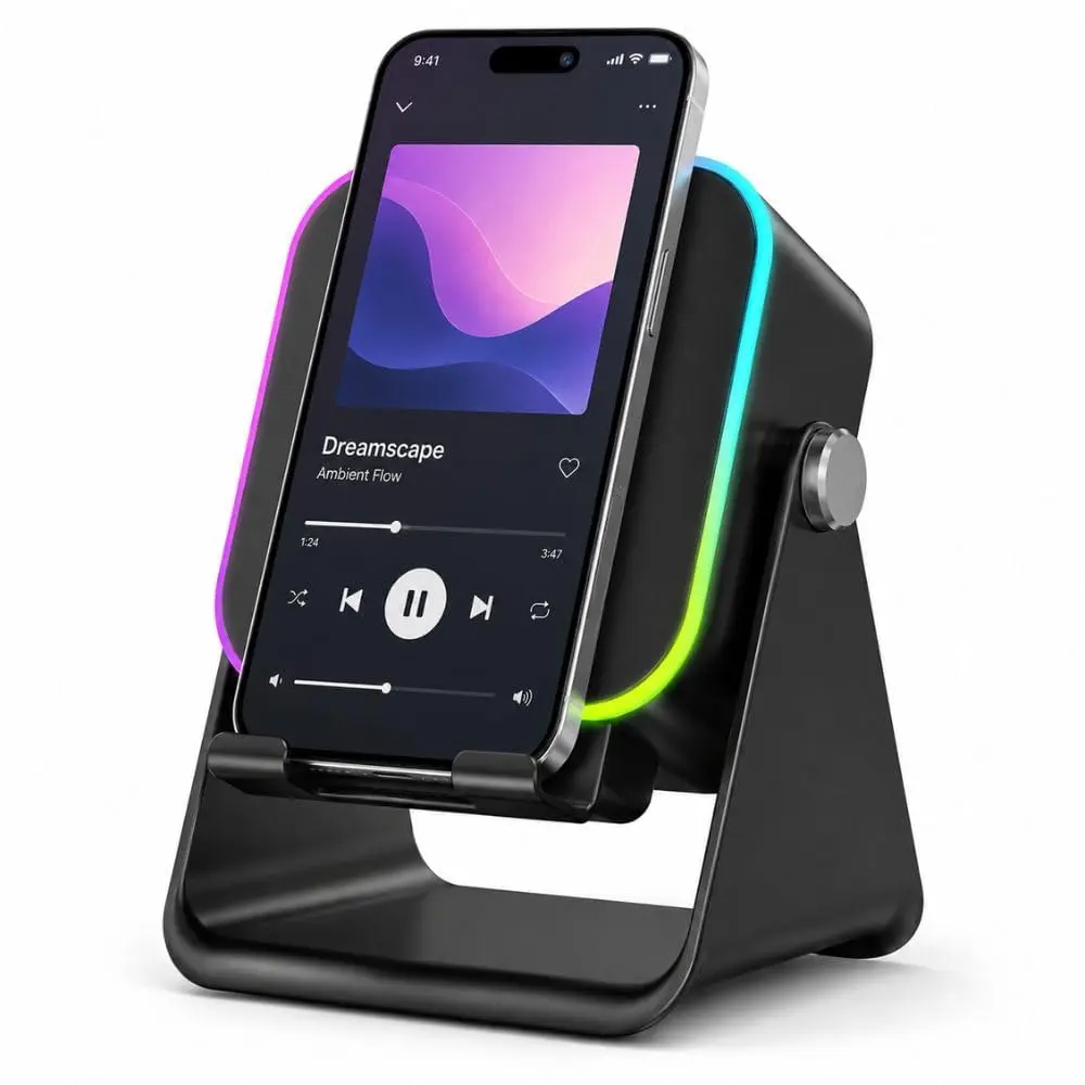 5-in-1 Multifunctional Audio Speaker with Induction Playback, RGB Lights, 360° Adjustable Phone Holder for Smartphones and Tablets
