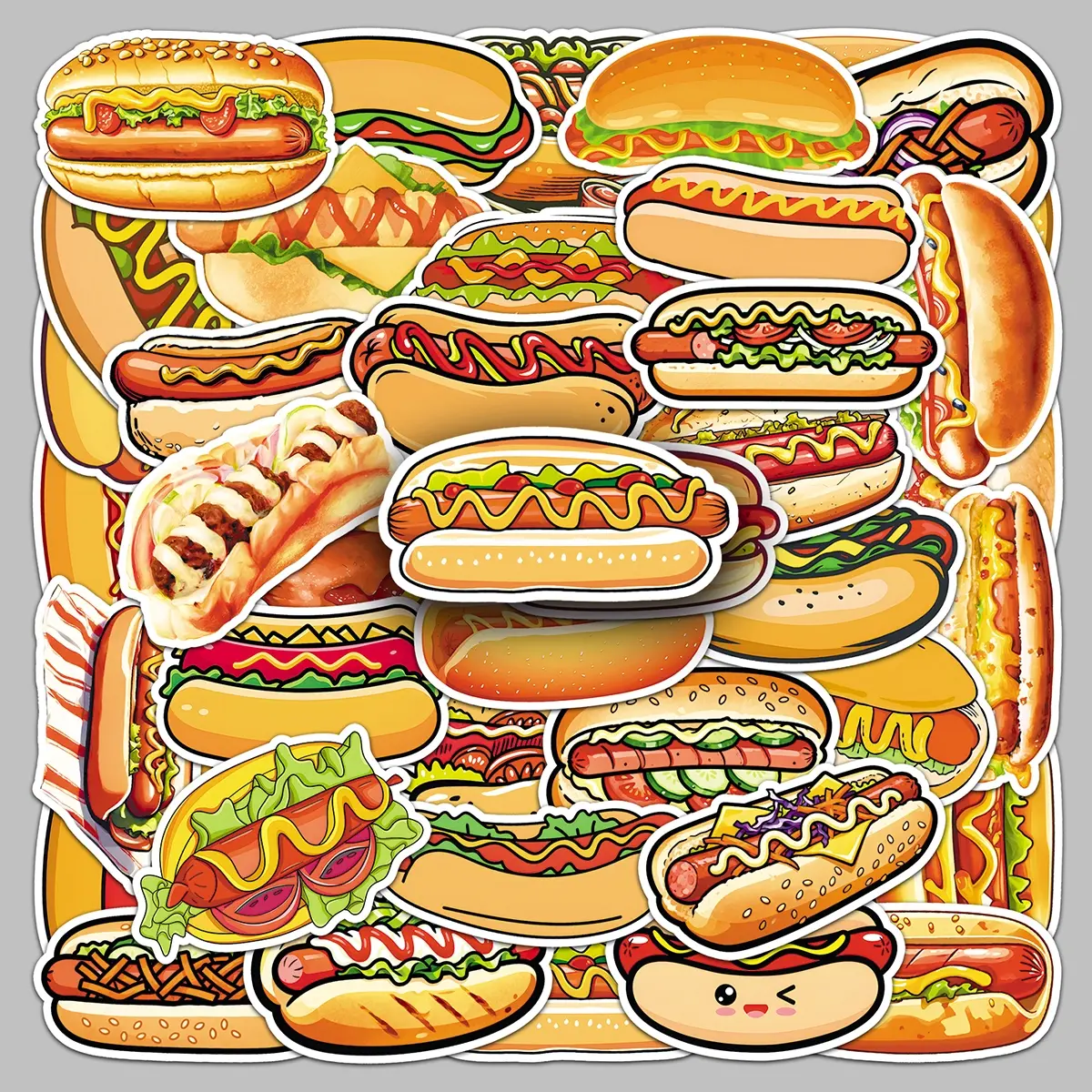 50pieces hot dog Creative food cartoon hand-painted graffiti personality decoration luggage refrigerator desktop glass stickers Home Decor