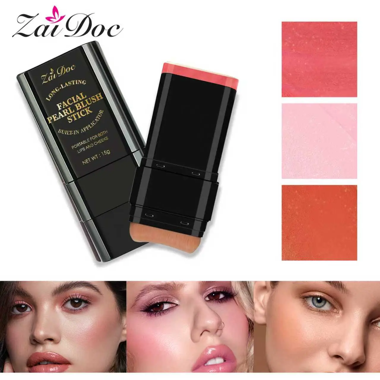 ZaiDoc Long - Lasting Facial Pearl Blush Stick with Built - in Applicator, 15g | Portable for Lips & Cheeks, Pearl Deep Pink Shade, Flattering on Various Skin Tones