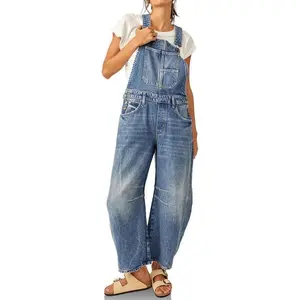 Womens Denim Bib Overalls Barrel Leg Adjustable Strap Jean Pants Jumpsuits with Pockets Blue Womenswear
