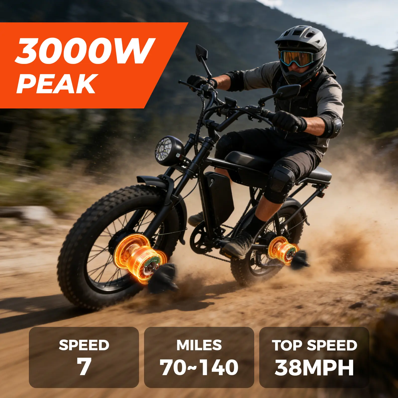 3000W Dual Motor Moped-Style Electric Bike for Adults, Full Suspension, Up to 38 MPH Max Speed, 60V-Class 30Ah Removable Battery, Up to 140-Mile PAS Range, Hydraulic Disc Brakes, Shimano 7-Speed, 20"×4.0" All-Terrain Fat Tires, UL 2849 Safety Standard