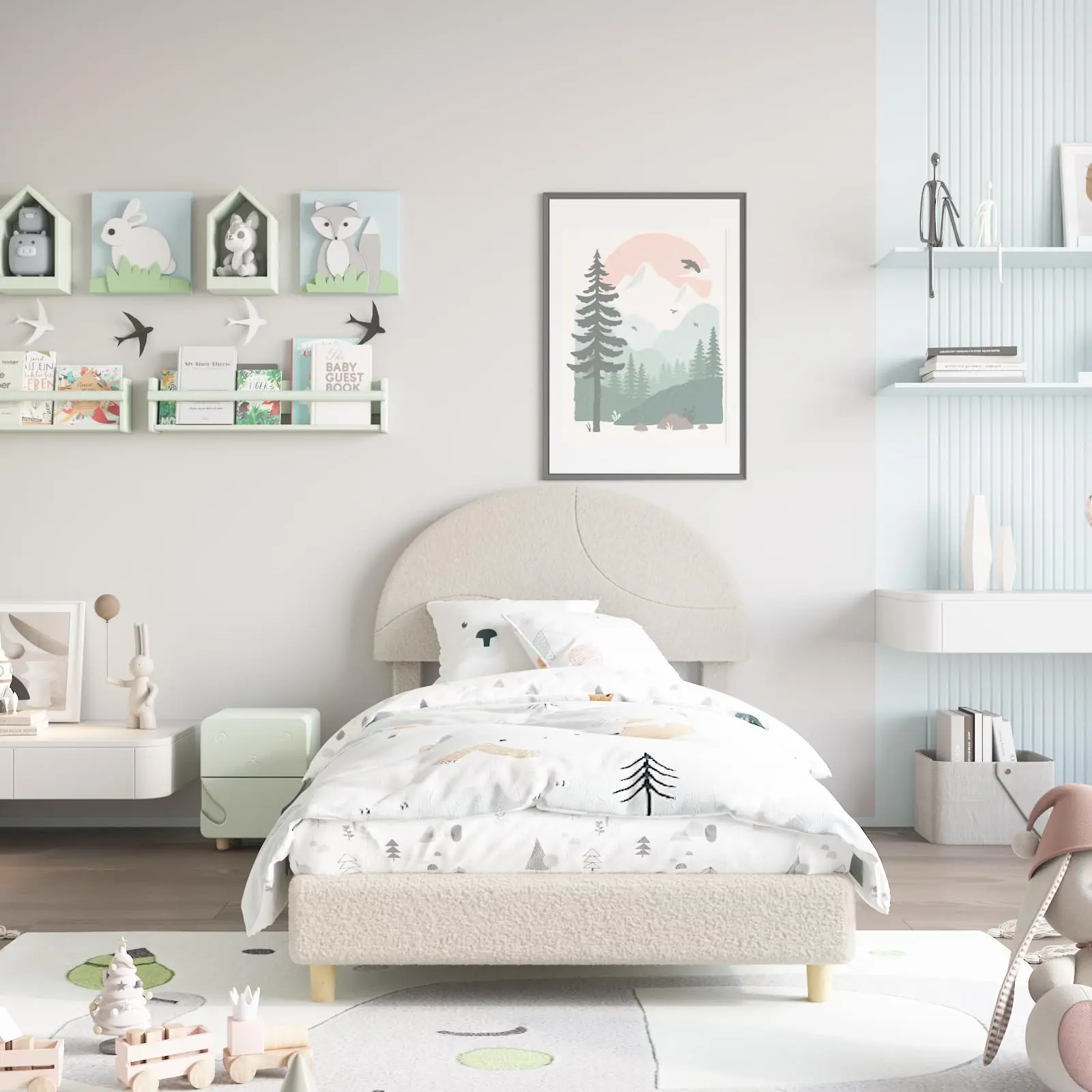 Garvee Twin Bed Frame with Round Boucle Upholstered Headboard in Soft White, Featuring Wooden Slats for Support Without Box Spring, Easy to Assemble, Ideal for Comfortable and Stylish Sleeping