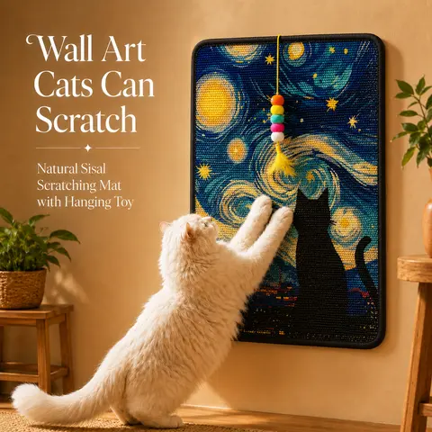 Premium Natural Sisal Cat Scratcher Mat - Indoor Cats Modern Vertical Playful Scratching Pad, Wall-Mounted Self-Adhesive with Hanging Toy, Starry Night Wall Art, Sofa & Door Furniture Protector, 5x Longer Tear-Resistant, Formaldehyde-Free Pure & Safe, Nat