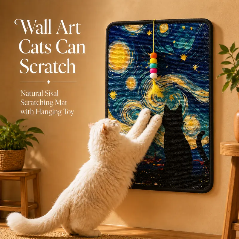 Premium Natural Sisal Cat Scratcher Mat - Indoor Cats Modern Vertical Playful Scratching Pad, Wall-Mounted Self-Adhesive with Hanging Toy, Starry Night Wall Art, Sofa & Door Furniture Protector, 5x Longer Tear-Resistant, Formaldehyde-Free Pure & Safe, Nat