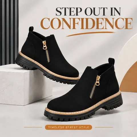 Women's Fashion Fall Zipper Boots Outdoor Slip-Resistant Thick-Sole Boots Daily Elegant Solid-Color Round-Toe Shoes