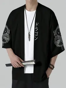 Men's Traditional Japanese Minimalist Urban Style Kimono Coat, Lightweight Open Front Cardigan with Dragon Pattern and Japanese Text Print, Casual Streetwear