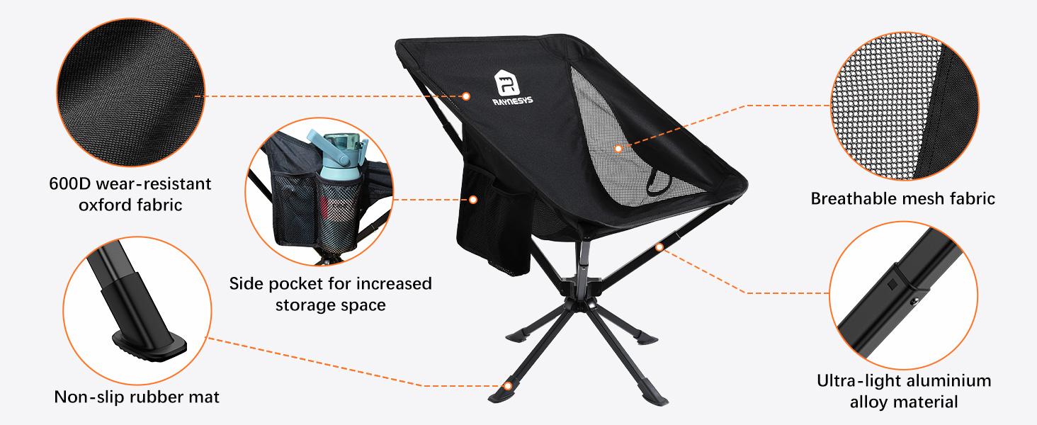 360° Swivel Camping Chairs, Portable Camping Chair with Headrest and Storage Bag, Lightweight Foldable Chair for Outside Camping, Hiking, Travel, Beach and Sports