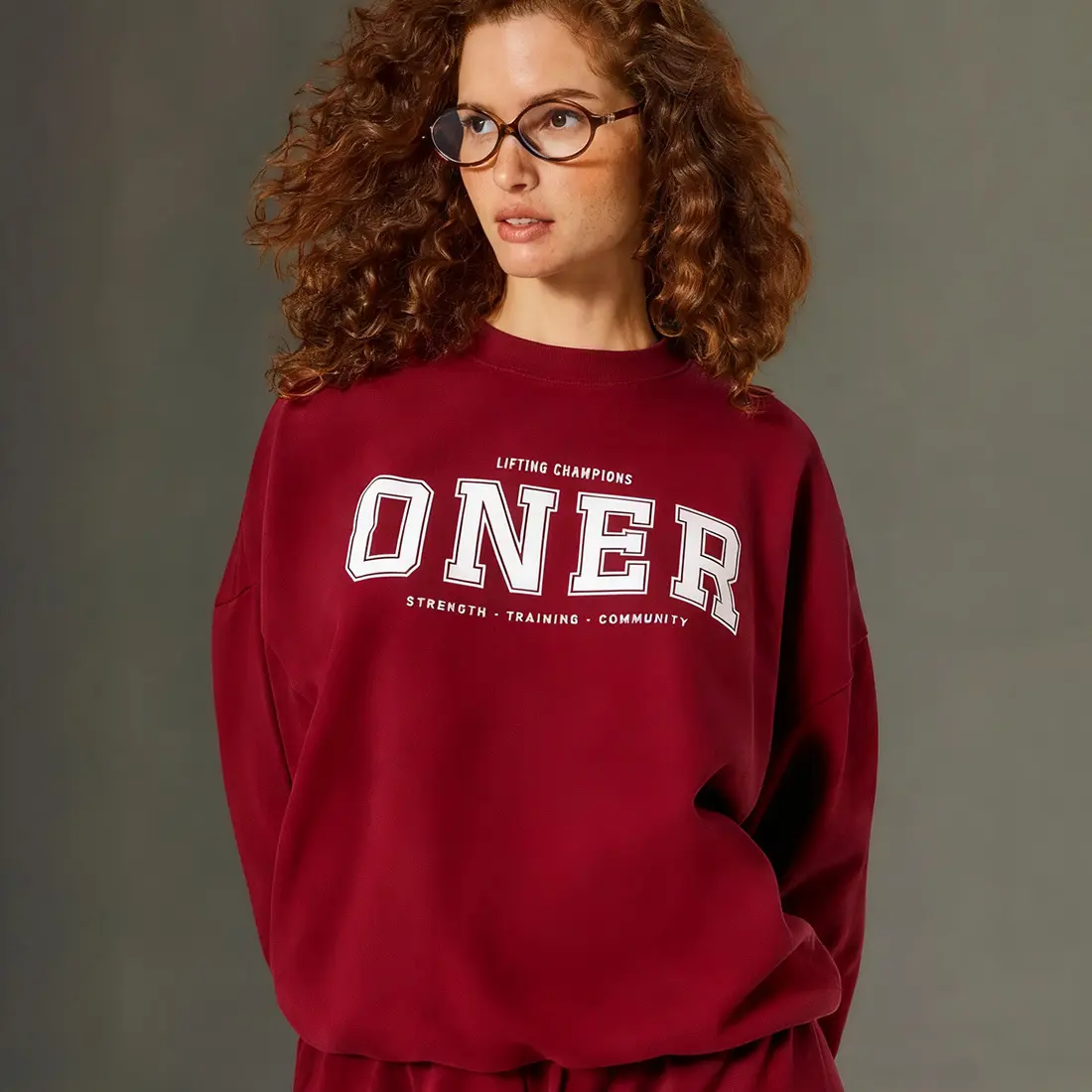[With Logo]Oner New Oversize Drop Shoulder Crew Neck Sweatshirt, Unisex Cotton Fleece Lined Versatile Lazy Style Sports Top