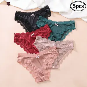 5 Pcs Women Lace Sexy Panties Perspective Underwear Low Waist Mesh Ladies Briefs Solid Breathable Female Underpants Lingerie