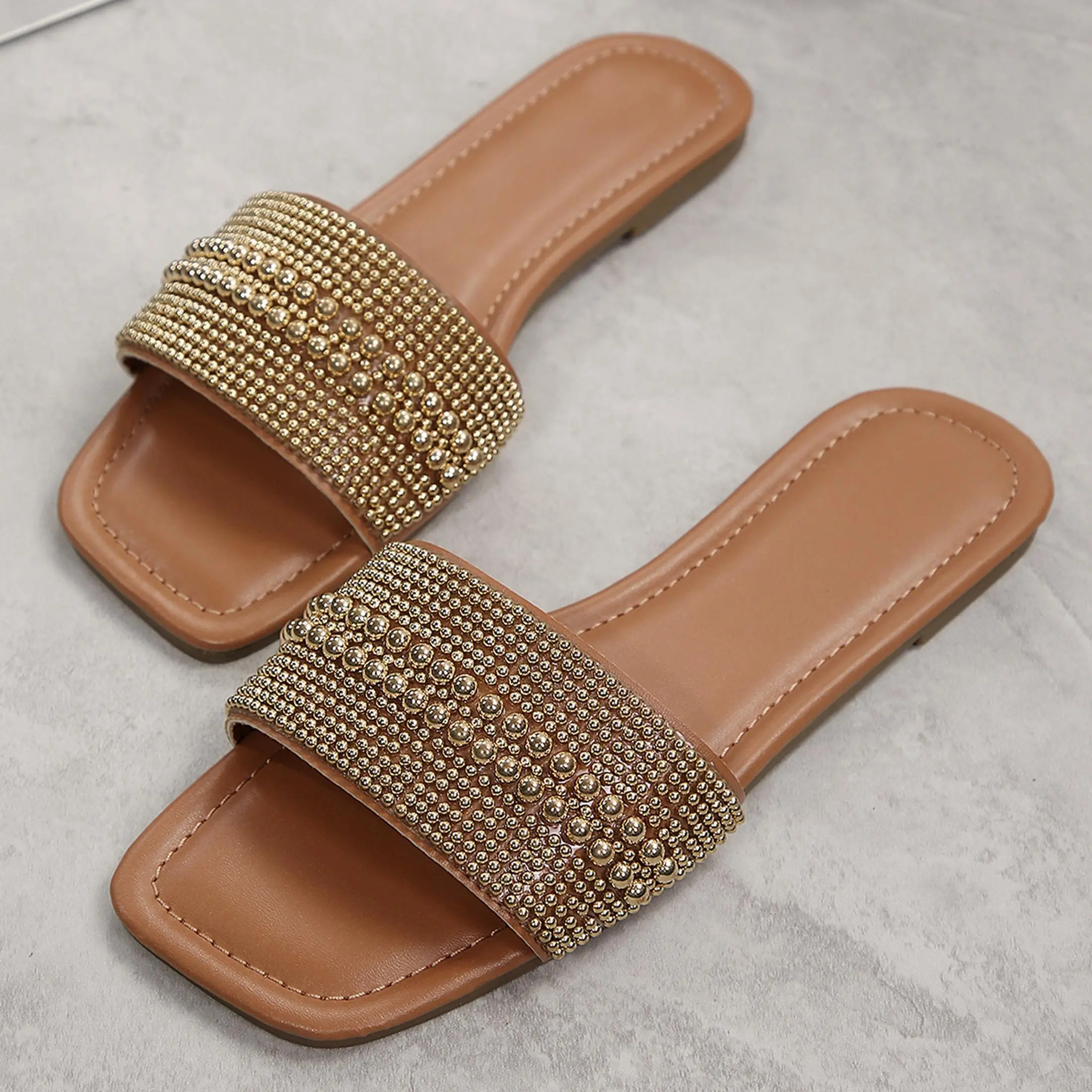 Women's Slides Sandals Summer Beach Vacation Dressy Cute Boho Pearls Square Toe Slip On Flats Slipper