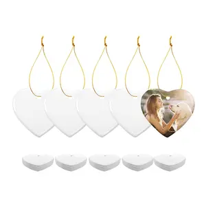 PYD Life 25 PCS Sublimation Blank White Ornament Ceramic 3 Inch Heart Shaped Ornament with Gold String for Christmas Home Customized Decor Bulk