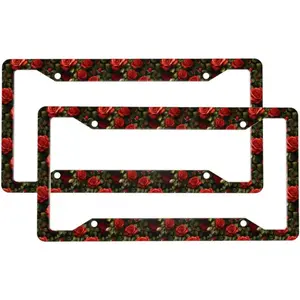 2 Pcs Car License Plate Frames for Women Men - Aluminum Solid Classic Red Rose Print License Plate Cover for Automotive Car Accessories for Women Men with Fasteners and Screws License Plate Protector