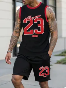 Men's Letter Print Sleeveless Basketball Vest & Shorts Set, Regular Fit Round Neck Basketball Jersey & Shorts, Summer Clothes Set for Men, Sport Outdoor Clothing