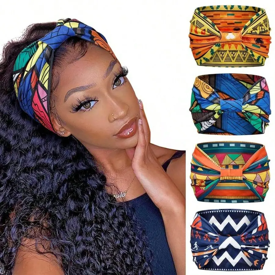 Women's Polyester Elastic Bandana Set (4-Pack) - Boho Wide Knotted Headbands, Vibrant Geometric Print, Versatile Fashion Turbans, Sports Daily Stylish Hair Accessories