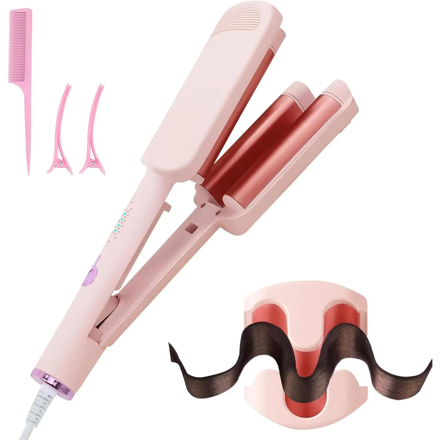 3-Barrel Deep Wave Iron - 1.25" Ceramic Hair Crimper Adjustable Silicone