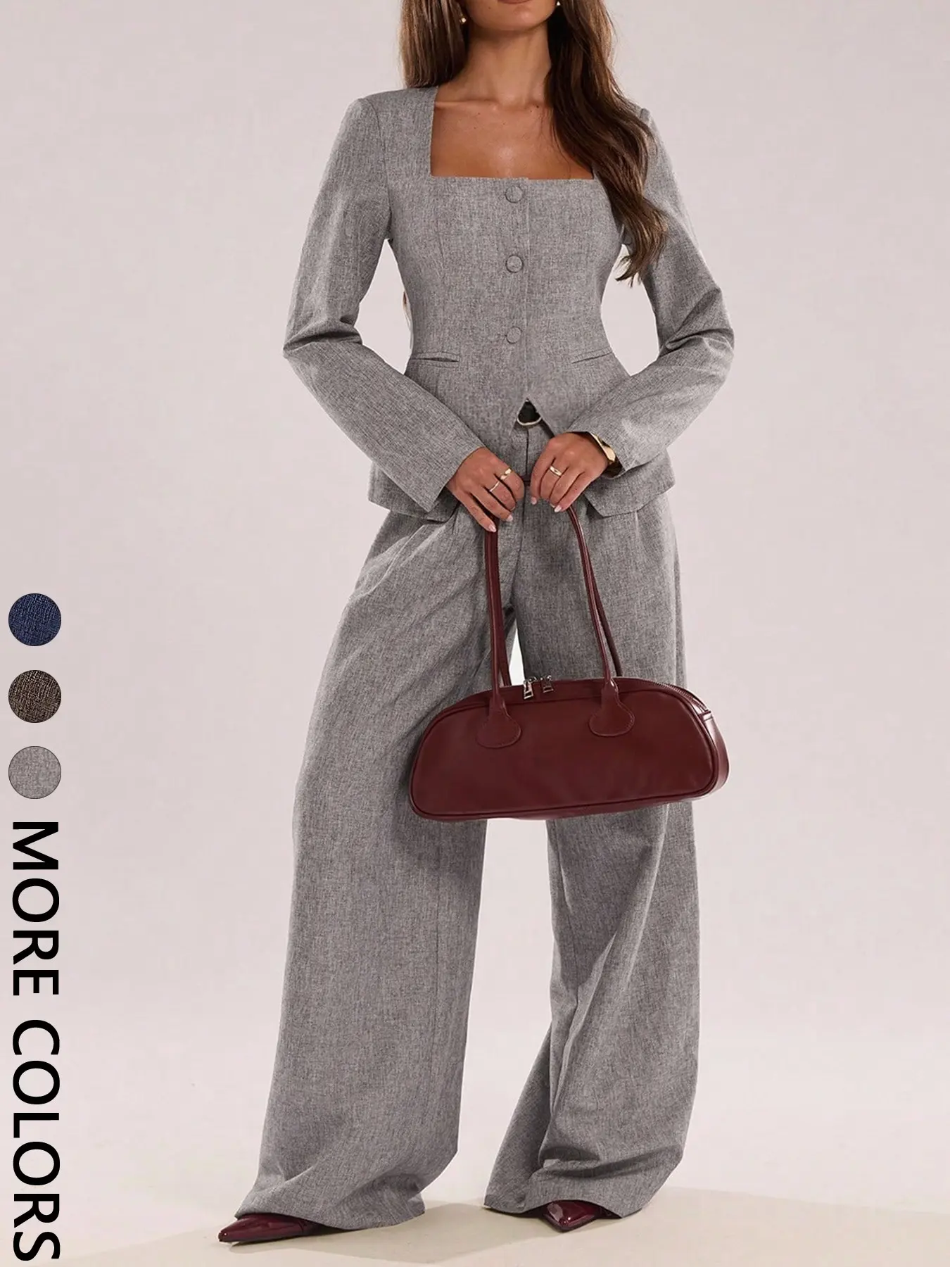 Unique Minimalist Square Neck Single Button Blazer Set Fit, Long Sleeve, Straight Leg Pants, Perfect for Spring Fall Winter Commuting, Chic Elegant Versatile Suit Womenswear Outerwear Outfits
